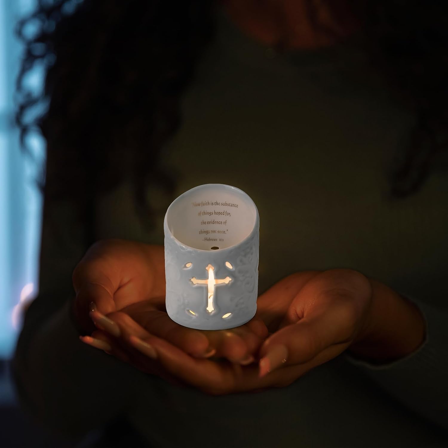 DreamsEden Candle Holder Ceramic Christian Cross Tea Light Holder with Bible Verse Tealight Cup Votive Candle Holder for Wedding Home Decor (Faith)