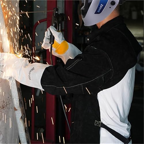 Miniatura 6 de Chaqueta de soldadura de cuero, resistente al fuego, delantal de soldadura resistente con manga, puños ajustables, cuello ajustable Marrón,Negro