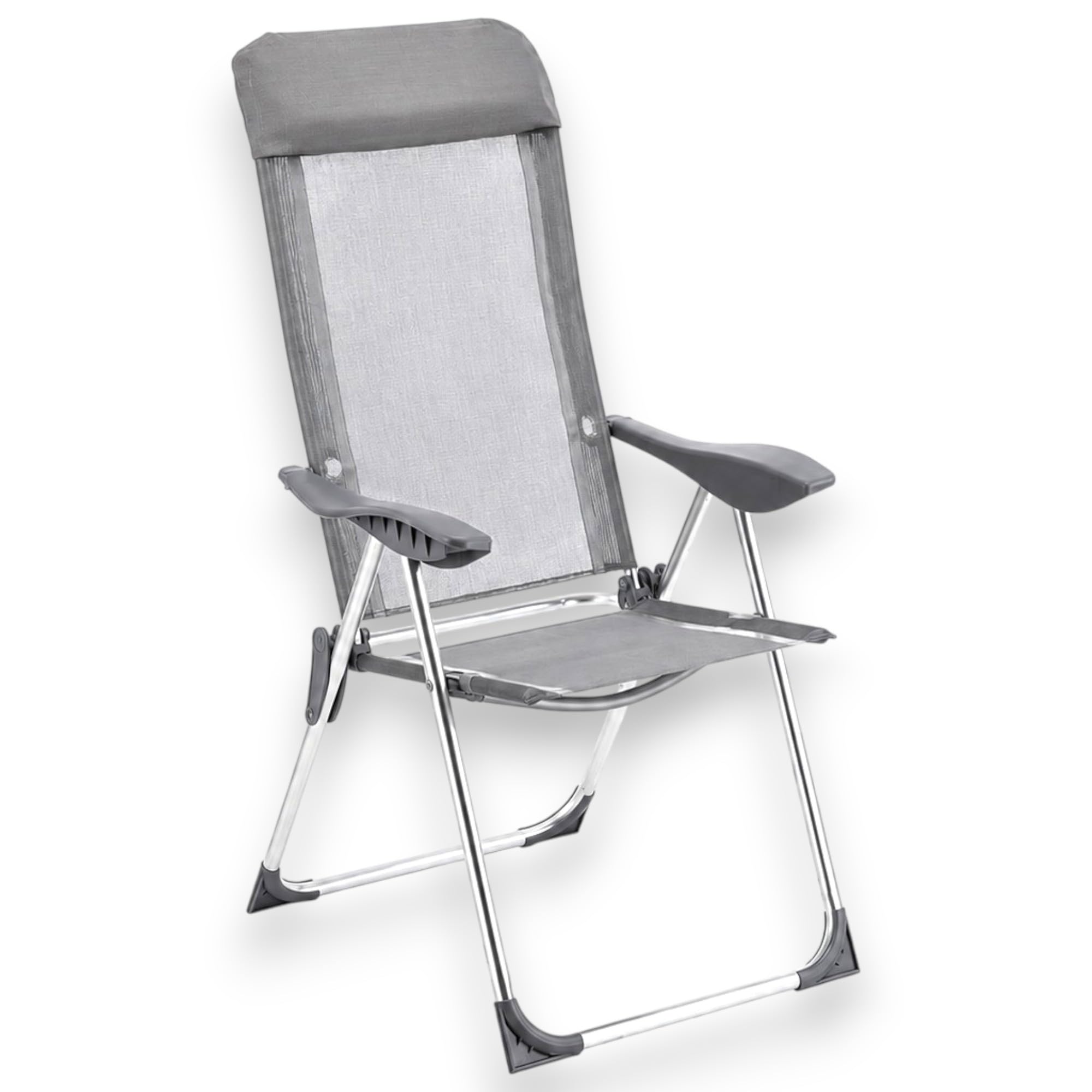 KORAT - Sedia Mare Pieghevole in Textilene con Poggiatesta, Struttura in Alluminio e Braccioli Ergonomici, per Spiaggia Campeggio Giardino, 58x38x110 cm - Spiaggina - Grigio