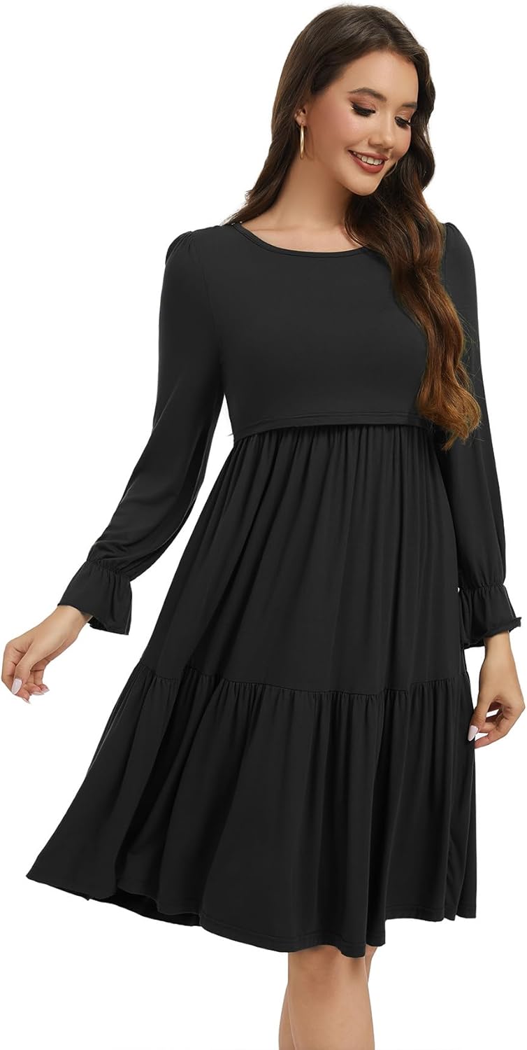 Smallshow Women's Maternity Nursing Dress Long Sleeve Ruffle Breastfeeding Clothes - Image 4