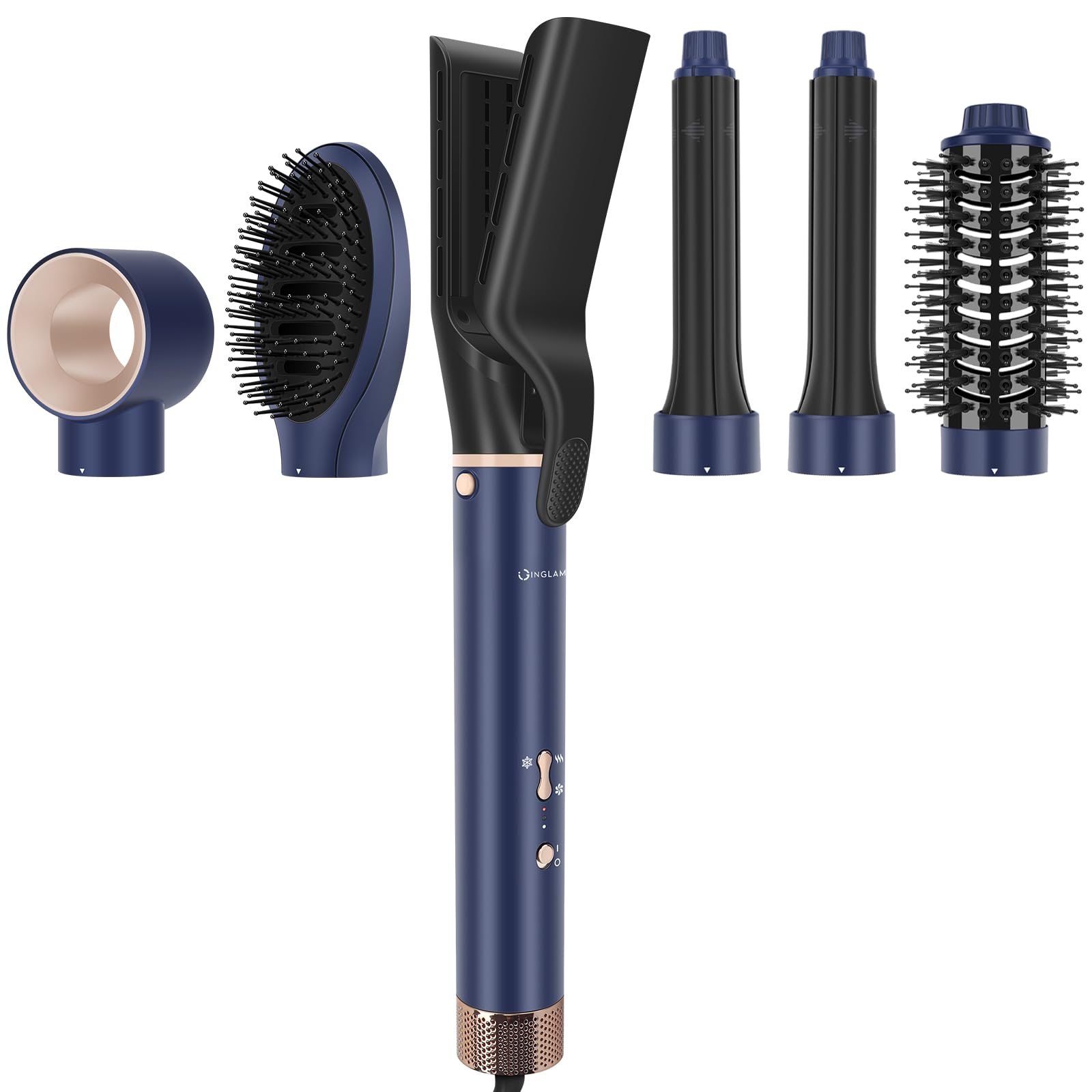 6-in-1 Hair Dryer Brush, 110,000 RPM High Speed Hair Dryer with Air Straightener, 28mm AUTO Curlers, IG INGLAM MegaAIR 2.0 Multi-Styler Set Volumizing and Shape, Prussian Blue
