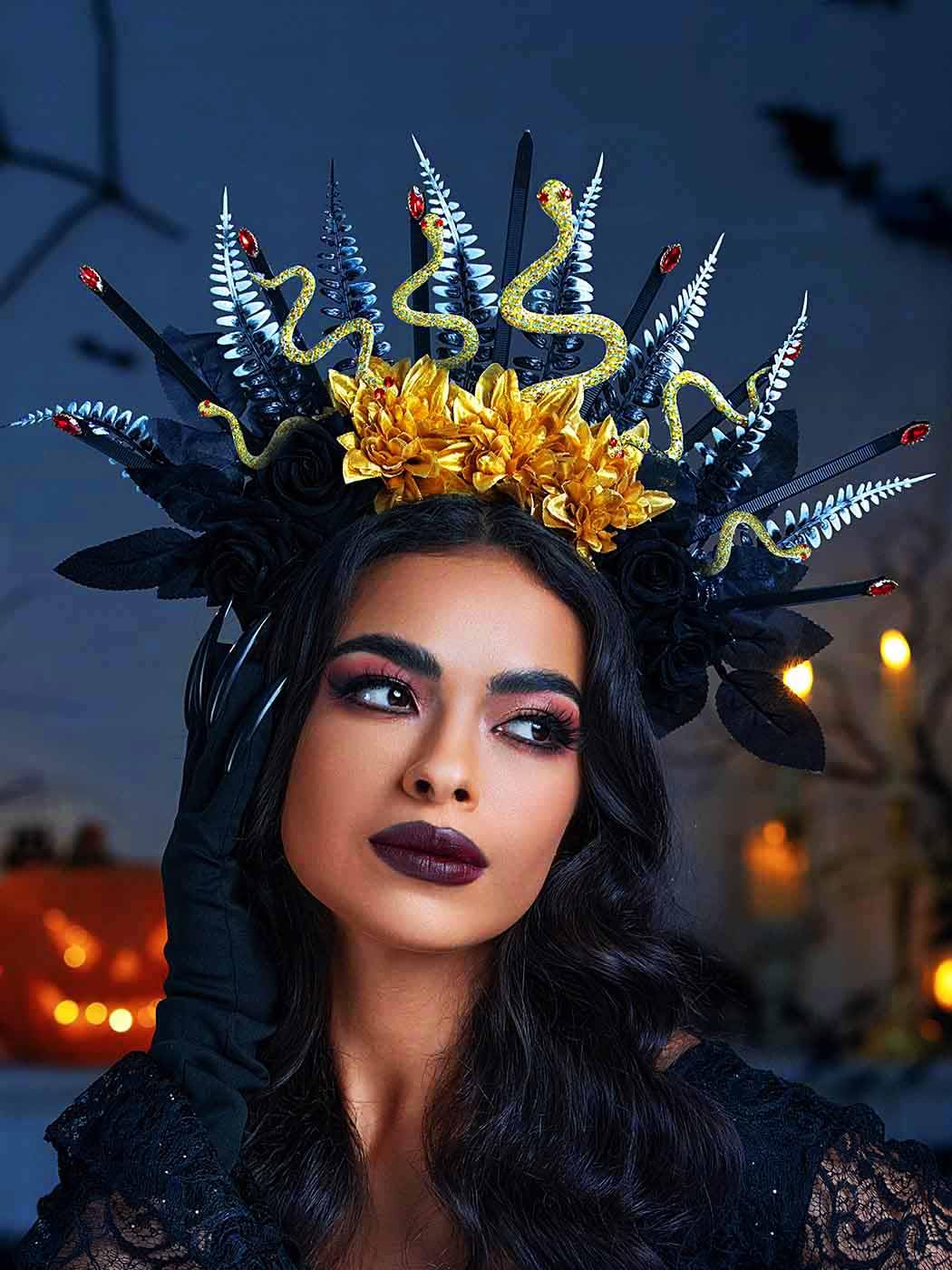 Couronne Fleurs Serpent Halloween Femme - Accessoire Cheveux Gothique Paillettes Noir Pour Fête Cosplay