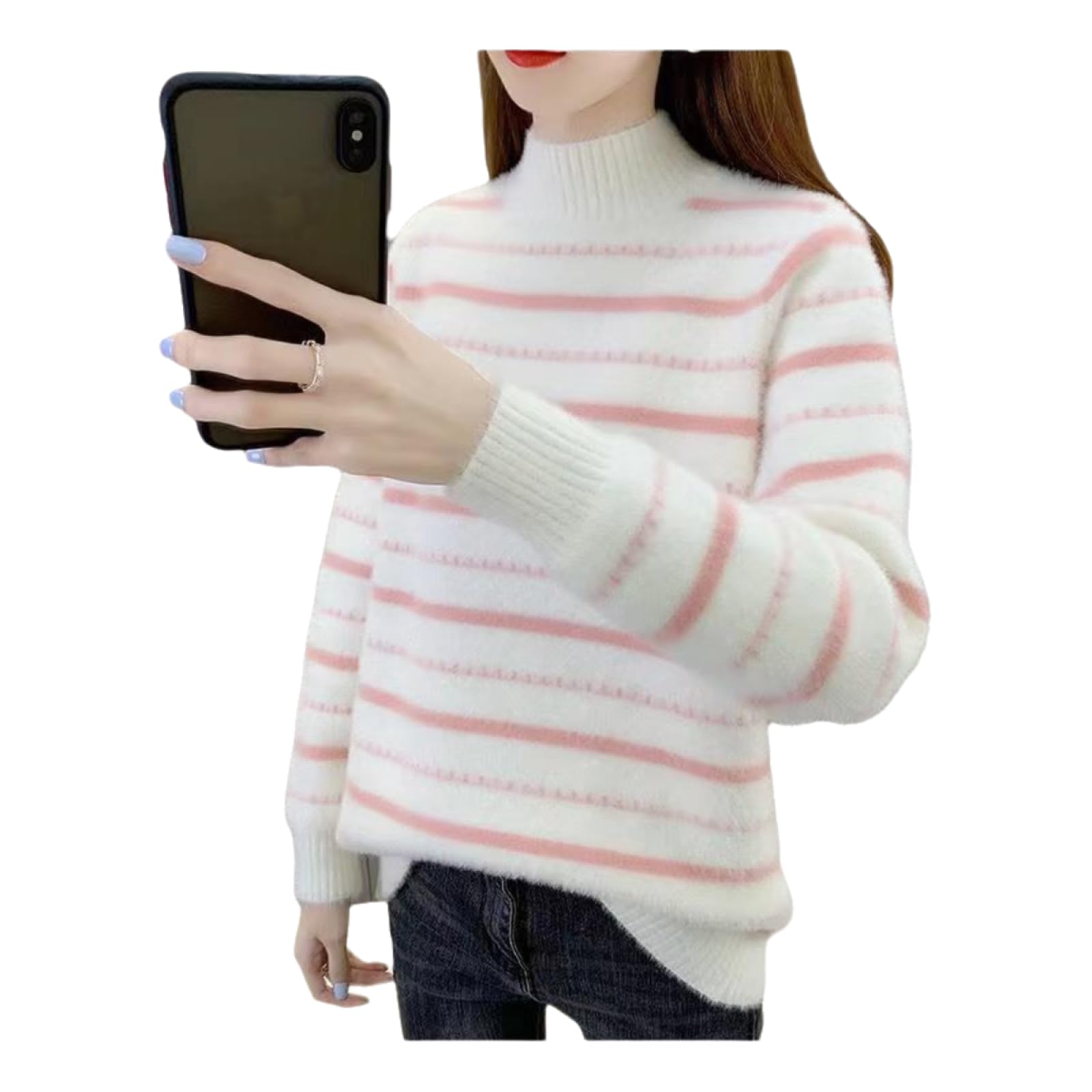 Damski sweter z golfem alpaka delikatny sweter dzianinowy miękki przytulny kurtka wiosna dwukolorowy kaszmirowy sweter elegancki moherowy sweter damski z długim rękawem XL biały
