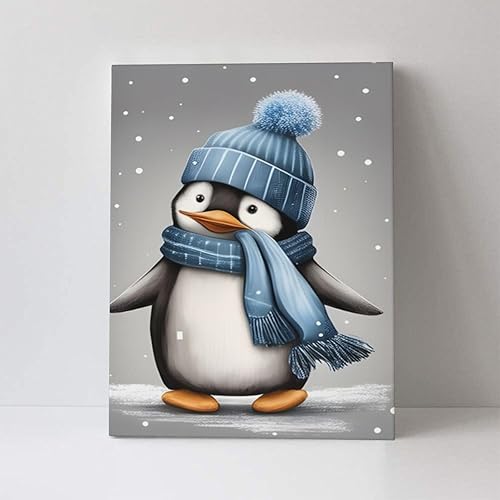 Miniatura 7 de WEASYYDS Lienzo decorativo para pared de pingüino gris de invierno, con sombrero azul, impresión de pingüinos, imagen de animales, decoración para