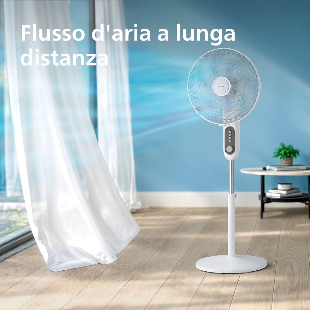 Philips Ventilatore a Piantana Serie 1000 - Potente e Silenzioso, 38 dB, Altezza Regolabile, Inclinabile e Rotante, Timer, Bianco (CX1220/00)