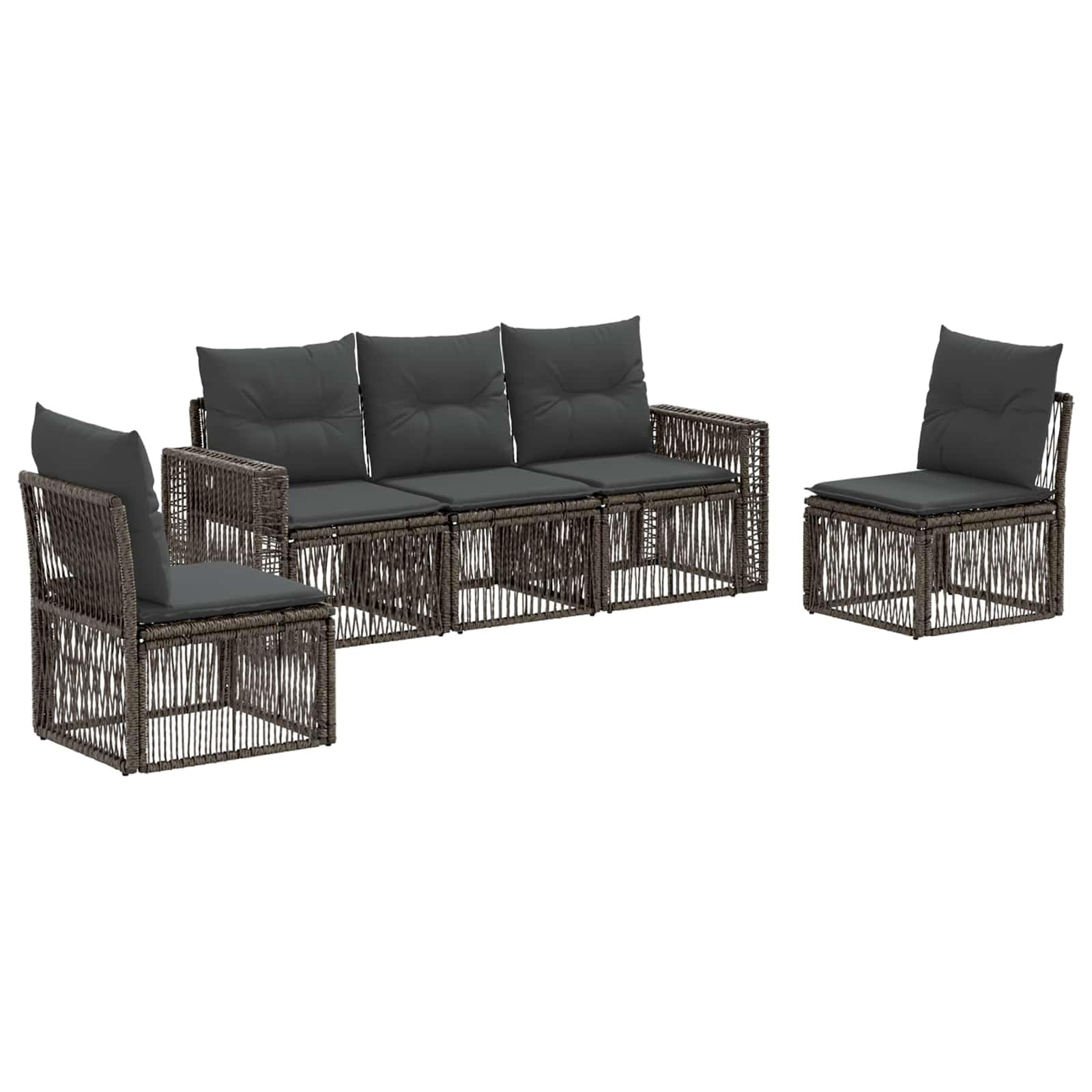 Ensemble canapé de Jardin modulaire 5 pièces Gris et Gris foncé en polyrotin Cadre Acier Enduit de Poudre, Coussins Polyester, capacité 5 assises, extérieur