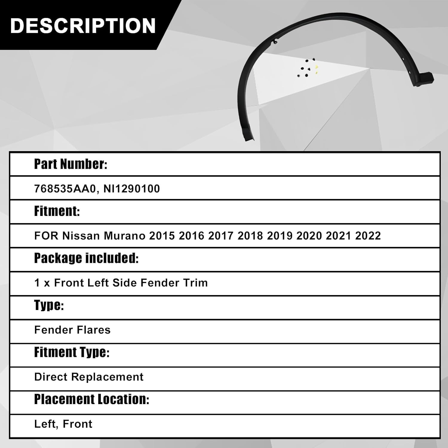 Fender Wheel Molding Trim Front Driver Side Compatible with Nissan Murano 2015-2022 Replace# 768535AA0, NI1290100 Front Left Side Fender Trim