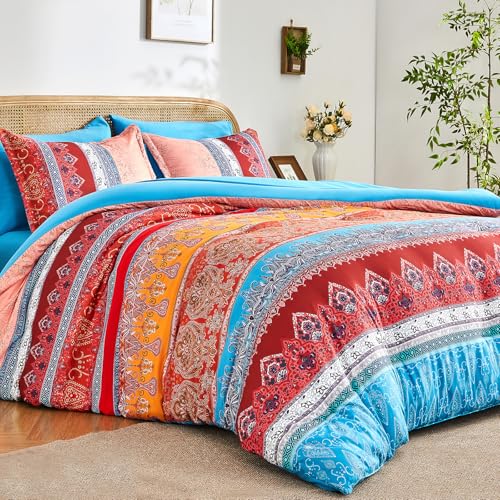 LXWORX Coral Pink King Size Comforter Set Boho - 7 Pieces Floral Striped Comforter and Sheet Set, Soft Bed in a Bag Complete Bedding Sets for All Season(Coral Pink, King)