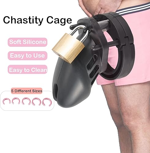 Vista 15 de Chastity Cage Juguete sexual – Jaula de silicona para hombres con anillos de 5 tamaños y 4 cerraduras de código, 2 llaves y 1 juego de cerradura