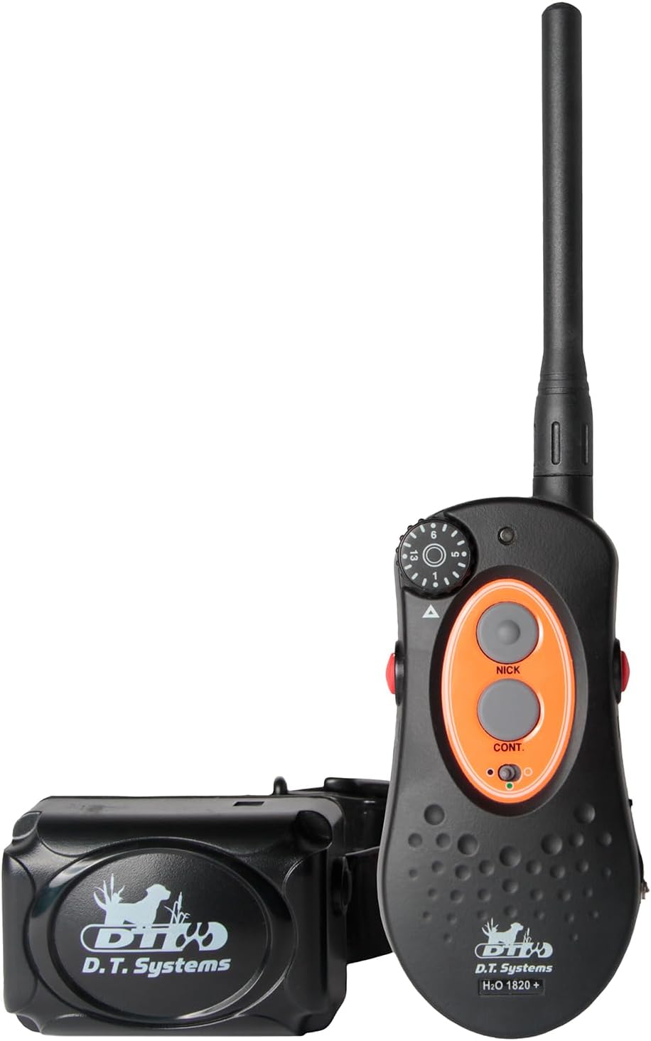The DT Systems H2O1820 Plus remote transmitter and collar receiver side-by-side.
