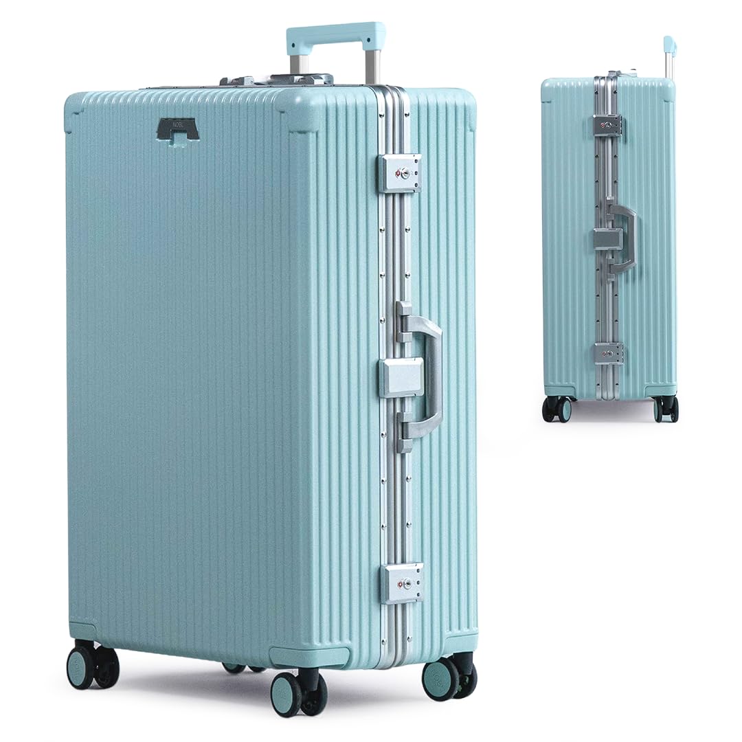 Nobl Travel Zipperless Check In Suitcase - Aluminum Frame, Check In luggage 28x17x11 Airline Approved by Noble Travel - Unbreakable Polycarbonate Shell - Dual TSA Locks, 360° Spinner Wheels Baby Blue