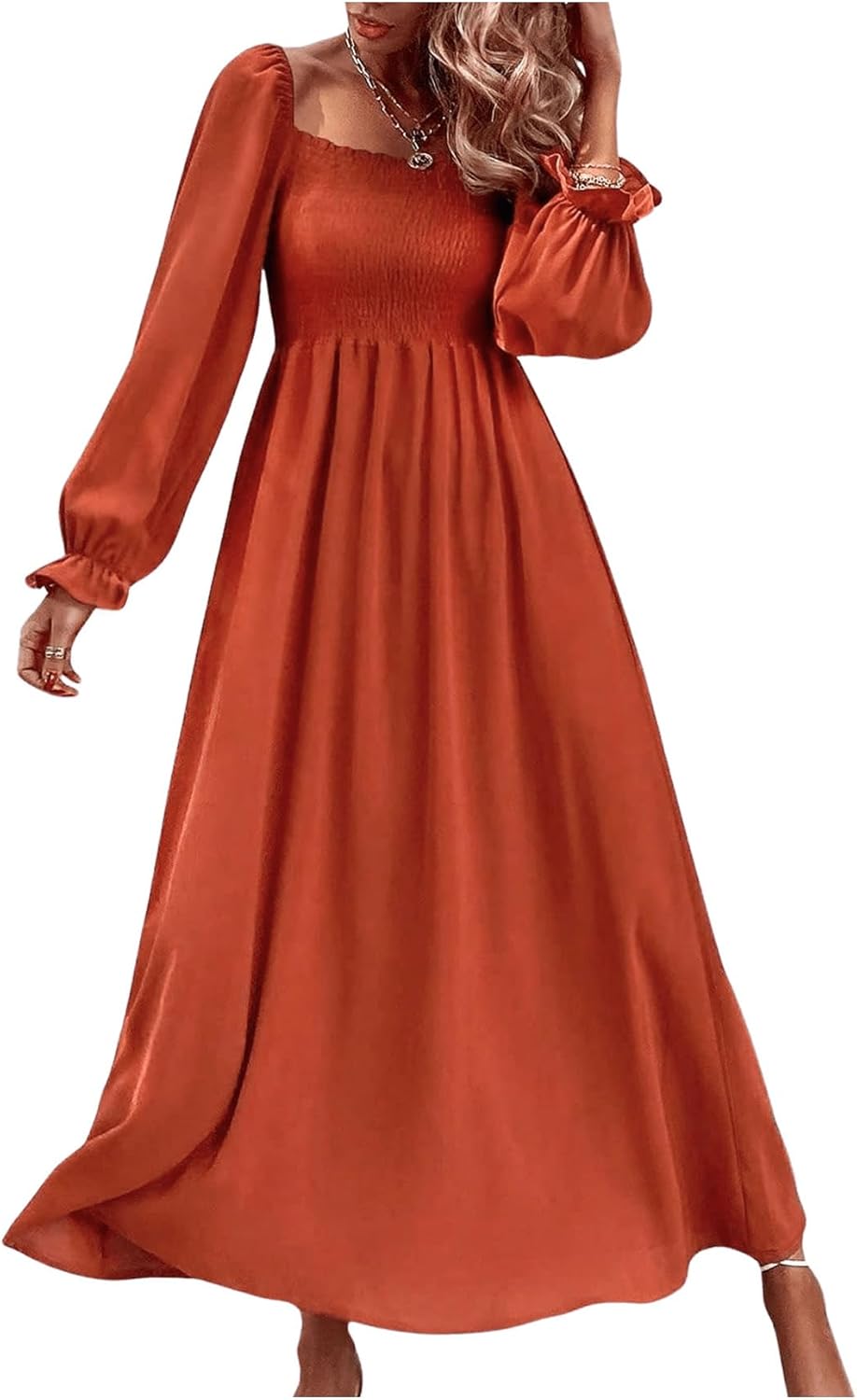 Floerns Women’s Boho Square Neck Smocked Long Puff Sleeve A Line Maxi Dress
