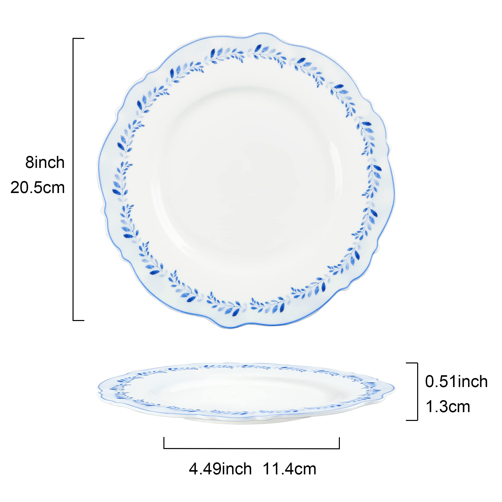 fanquare 4 Pièces Assiette Dessert Assiette Plates 21 cm, Motif Feuilles Bleues Assiette à Gâteau Porcelaine Passe au Micro-ondes & Lavable au Lave-vaisselle