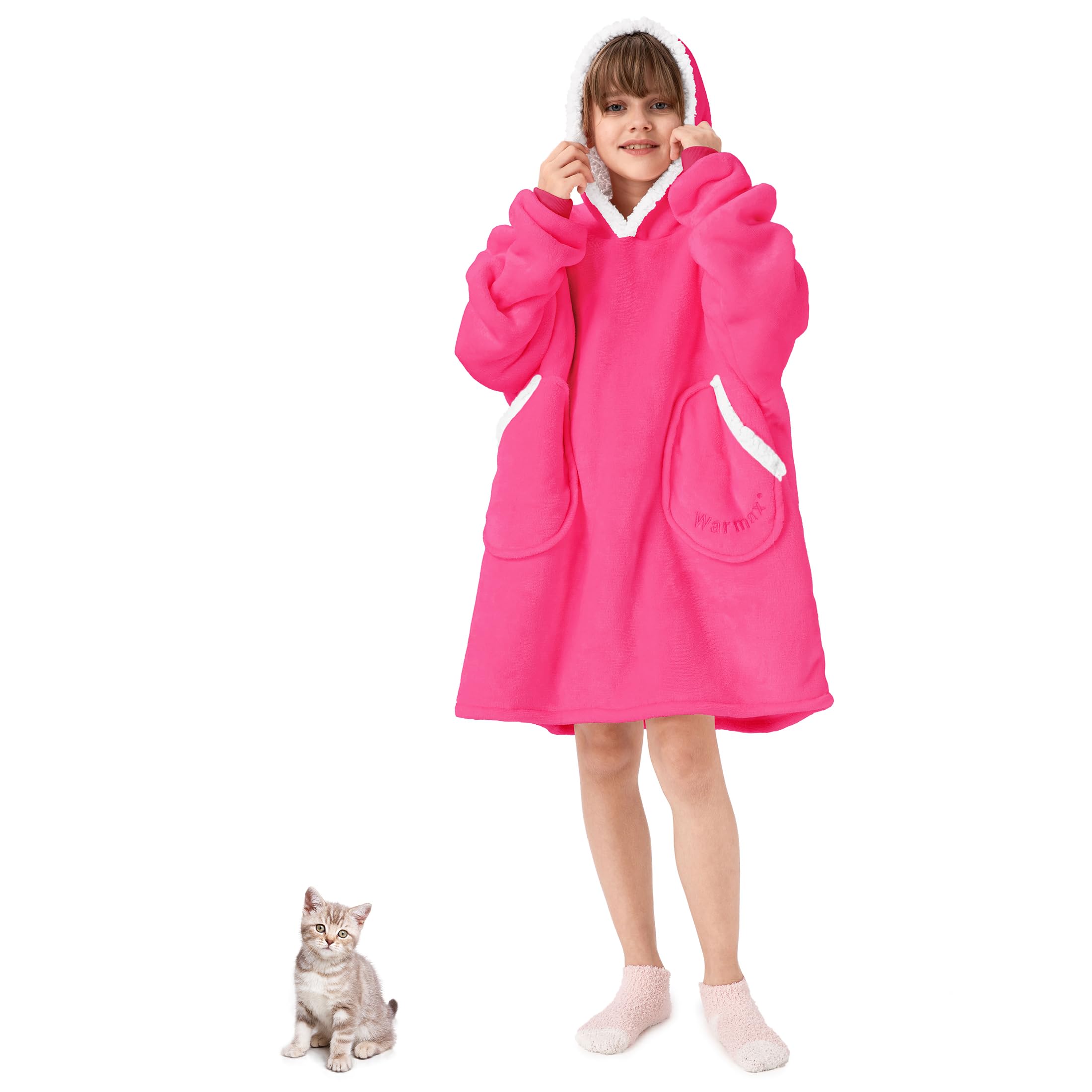 Hot Pink Wearable Blanket for Kids Oversized Hoodie Blanket Plush Sherpa Hooded Sweatshirt for Boys, Girls Pink