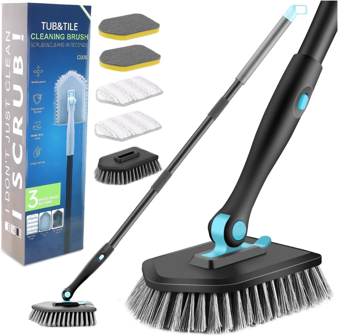 INCLUSSHOP Bathroom Floor Cleaning Brush with Long Handle, 3 in 1 Tub ...