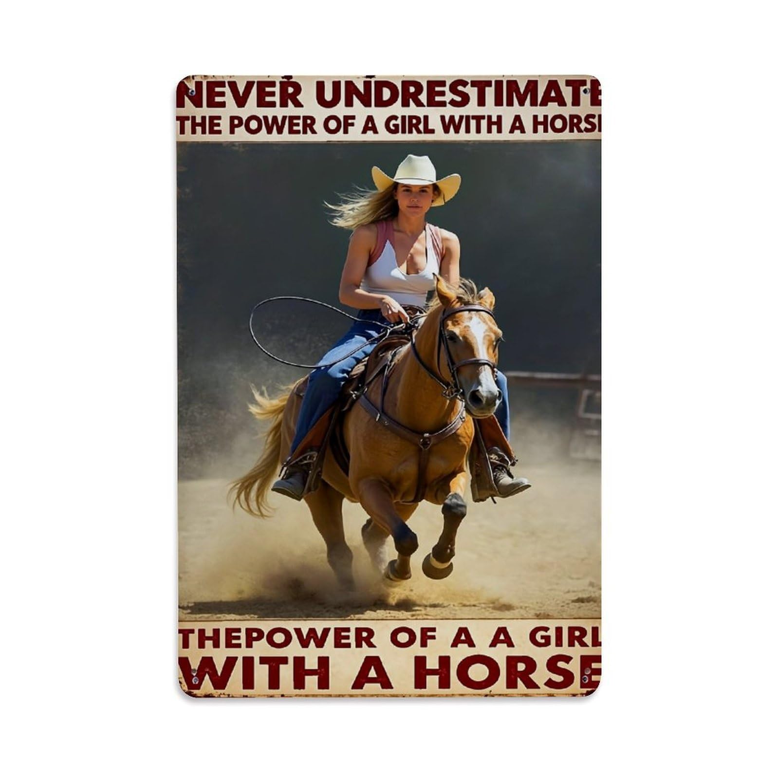 Girl Riding Horse With Hat Retro Metal Tin Sign, Vintage Decor Art Poster for Bar, Home, Man Cave, Kitchen, Laundry Room Gift 8x12Inch