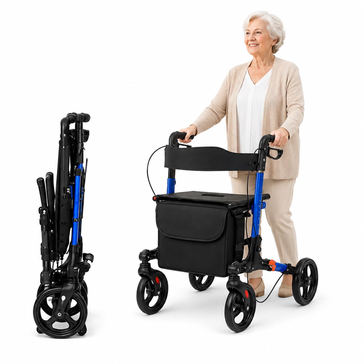 Leichtgewicht Rollator Faltbar und Leicht mit Sitz, 6-fach Höhenverstellbar Geeignet für 160 185 cm, Aluminium Gehhilfe mit Feststellfunktion Stockhalter und Abnehmbare 8L Einkaufstasche