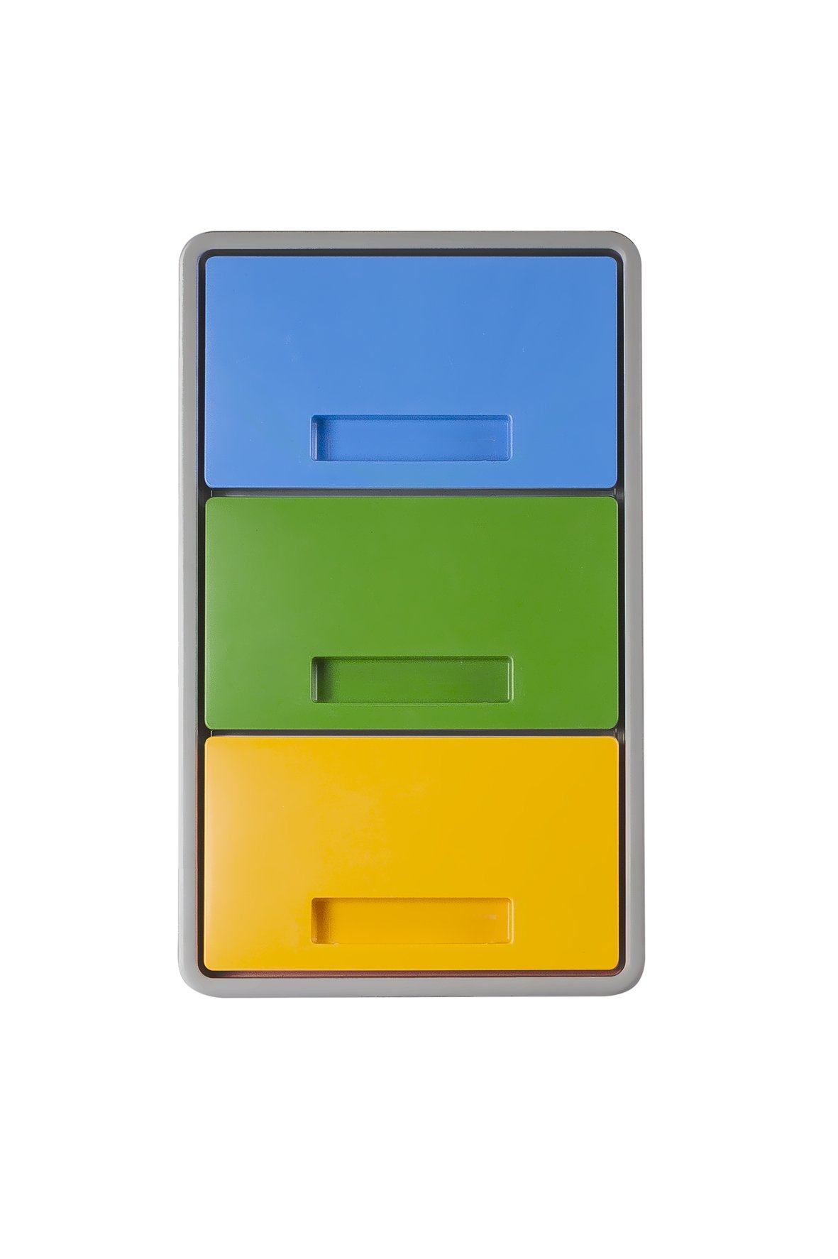 MATTIUSSI PAPELERA RECICLAJE TRES COMPARTIMENTOS - POLYMAX gris con tapas oscilantes azul verde y amarillo