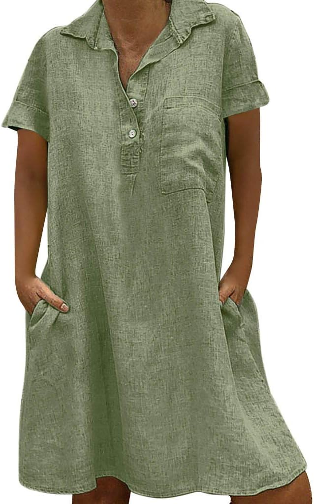 Shakumy Women Dresses T Shirt Midi Dress Short Sleeve V Neck Summer Casual Loose Sundress Beach Swing Dresses with Pockets