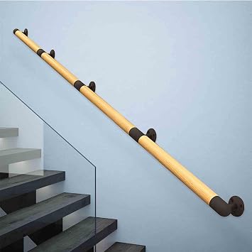 Indoor Wall Stair Railings Black Metal Bracket Hand Railing for Stairs, Wooden Handrail for Stairs Outdoor Home Lofts Guardrail Support Rod, Grab Railing18 FT