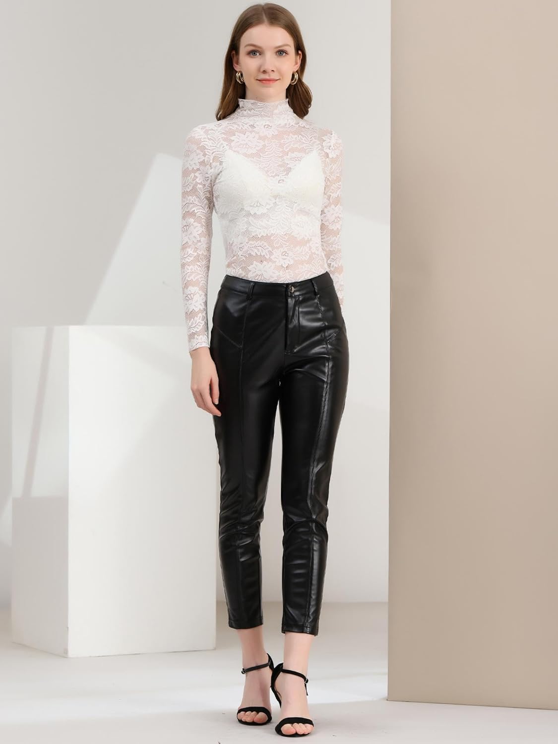 Allegra K Women's Lace Floral Embroidery Mock Turtle Neck Long Sleeve Party Slim Fit Sexy Sheer Mesh Top - Image 3