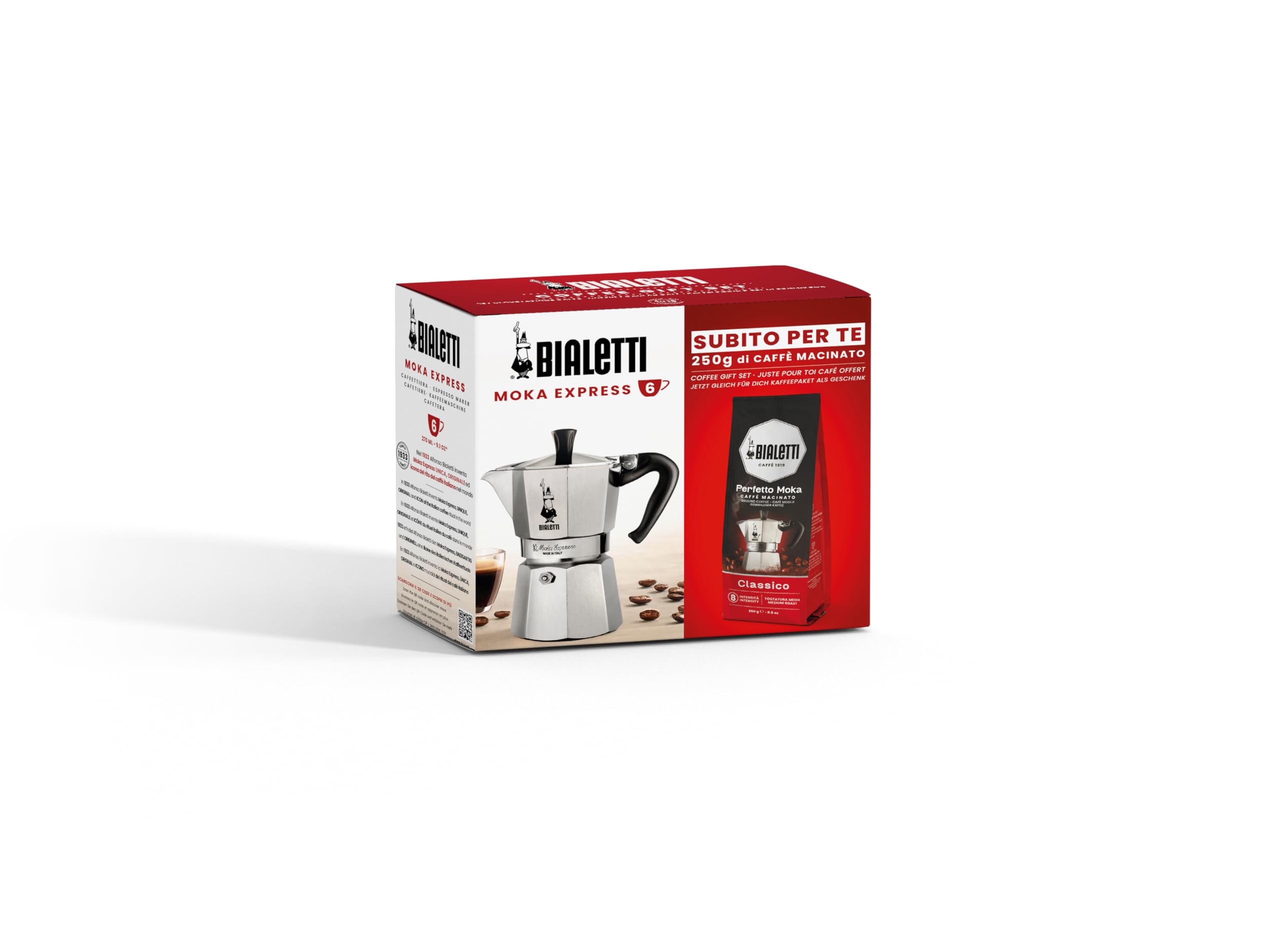 Bialetti Moka Express Espresso Maker for 6 Cups plus 250 g Perfect Moka Non-Induction 6 Cups (250 ml) Aluminium