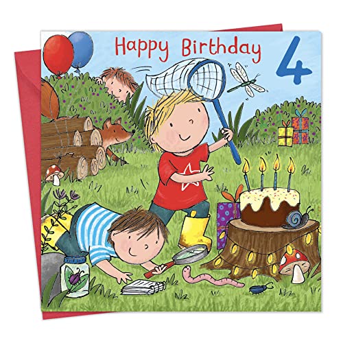 Twizler Geburtstagskarte Zum 4. Geburtstag Für Jungen - Motiv Mit Fuchs, Kuchen & Glitzer (mit Geschichte Auf Der Rückseite)