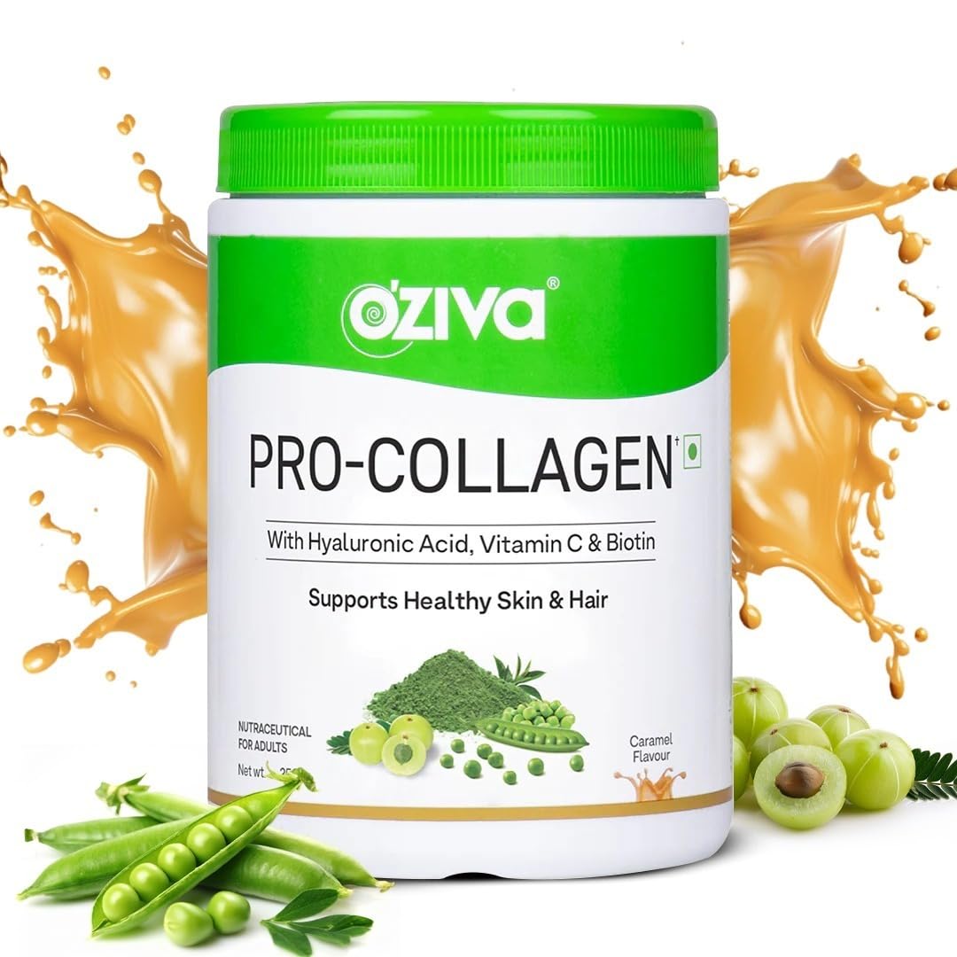OZiva Pro Collagen Peptides Caramel, 250g (Type I & Type II) | Whey Protein & Collagen Builder Peptides for Healthy Skin & Hair Muscular & Joint Health | Powder for Women & Men, Caramel, Pack of 1
