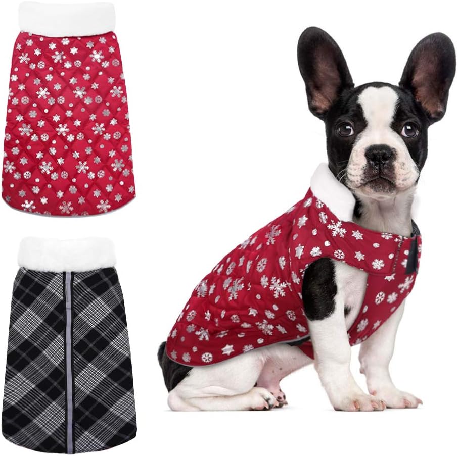 Bonaweite Reversible Dog Winter Coat with Furry Collar, Reflective Waterproof Dog Cold Weather Vest Jacket British Style Plaid Dogs Warm…