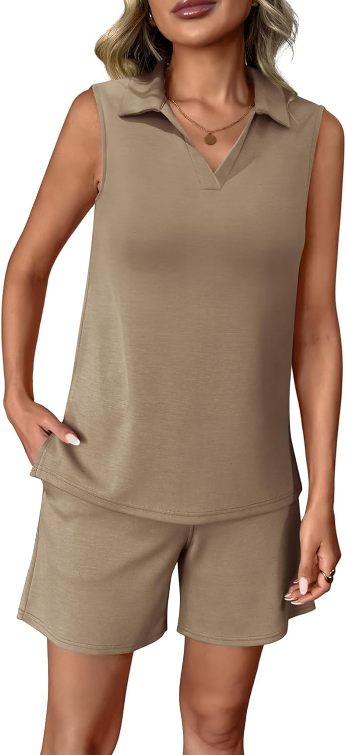ATHMILE Womens Two Piece Short Sets Summer V Neck Travel Outfits Sweatsuits Sleeveless Lounge Sets Tracksuit - Image 4