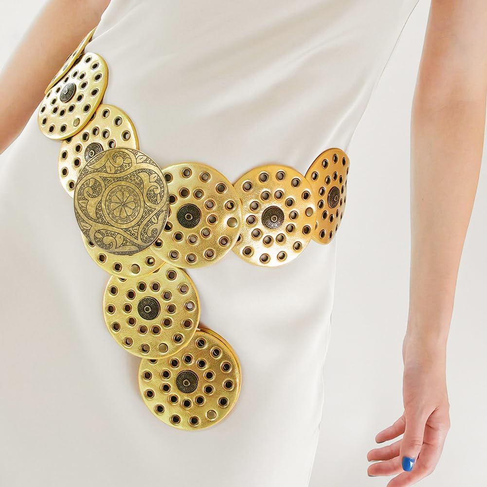 LIMHOO Wide Disc Belt for Women Leather Hollow Out Round Belt Boho Western Waist Belt