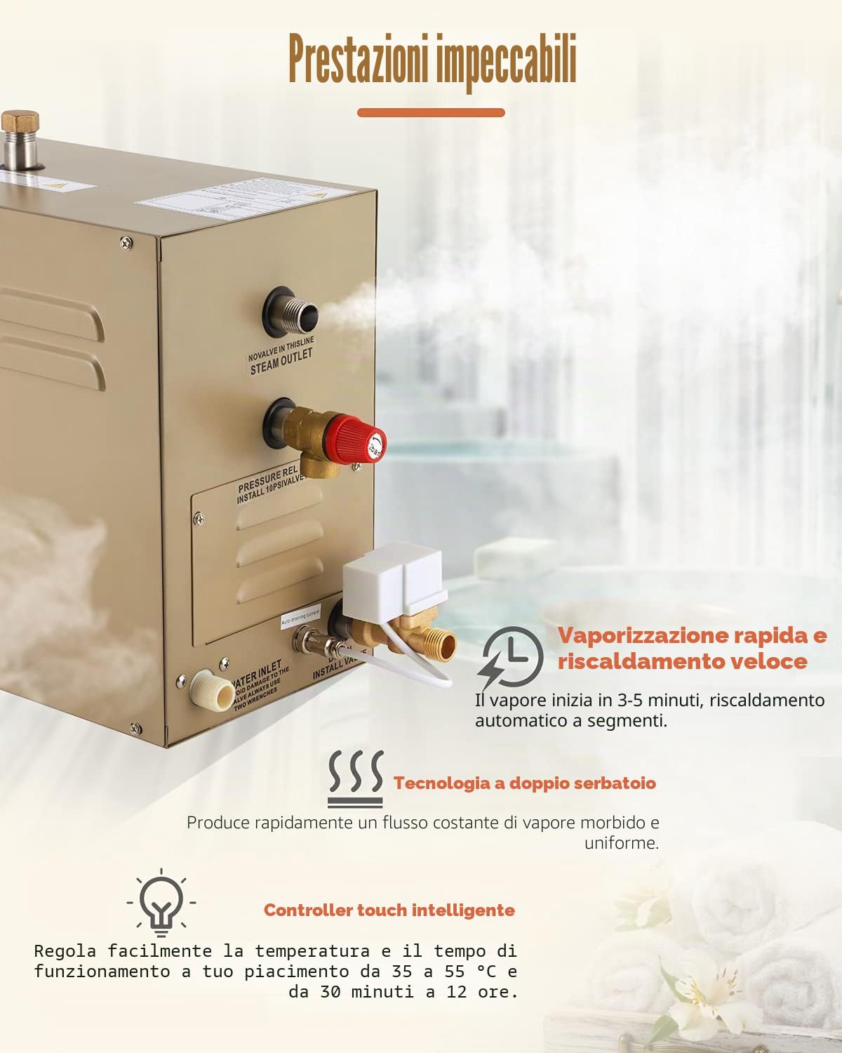 CGOLDENWALL Autodrenante Generatore di Sauna a Vapore 10.5KW per Carsa Commerciale Doccia/Bagno/Spa, con Controllo Intelligente a Sfioramento 25-55℃ per 10.5m³di Riscaldamento dello Spazio