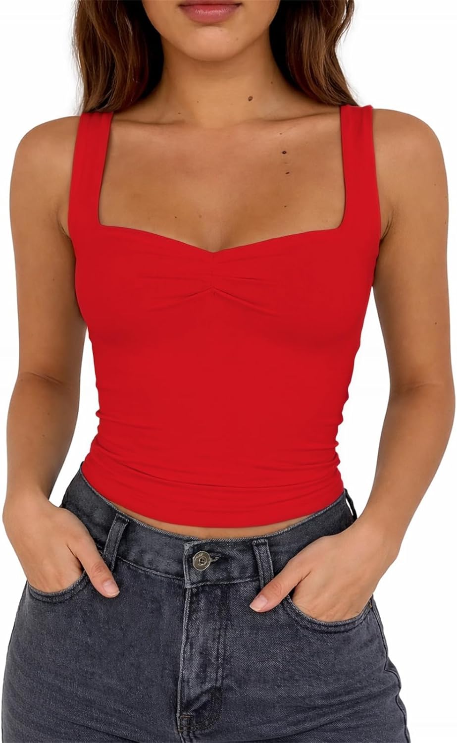 ForeFair Women's Sexy Sleeveless Tank Top Summer Going Out Top Pleated Sweetheart Neck Strap Tight Slim Fit Cute Tops - Image 5