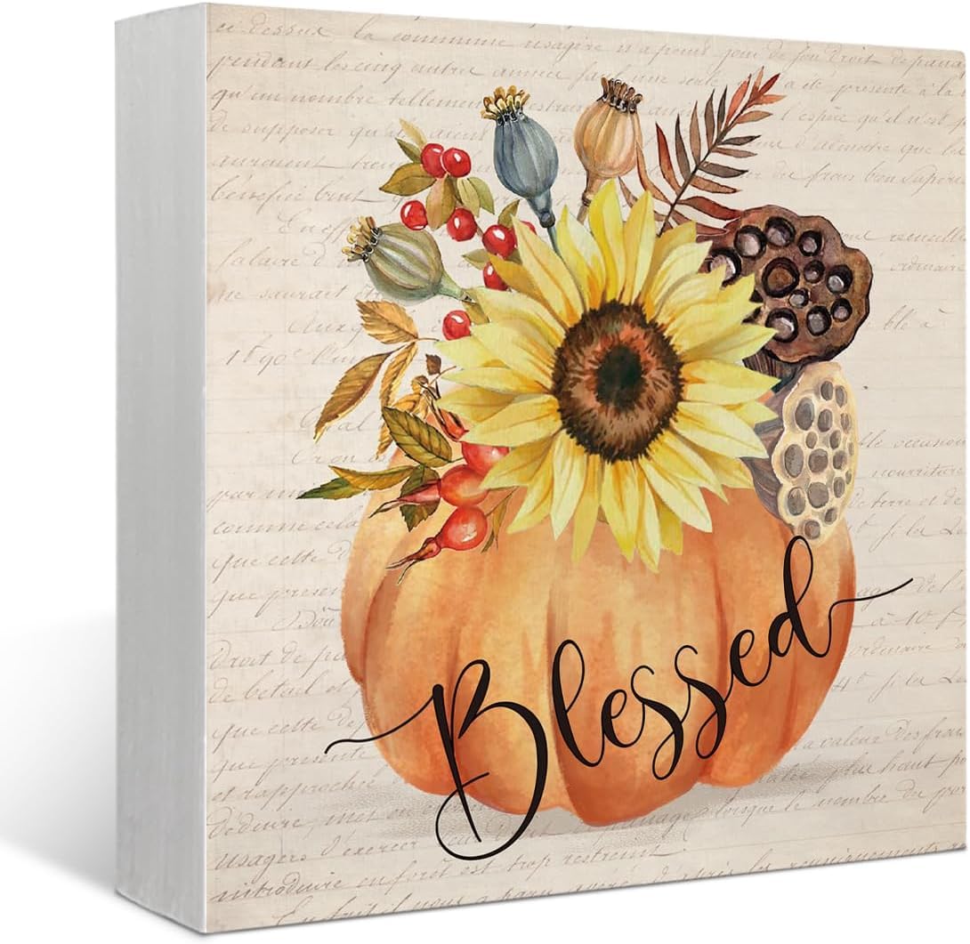 Pibonto Men's Desk Decor 5X5 Inch Blessed Thanksgiving Sign - Pumpkin Sunflower Decor - Kitchen Shelf