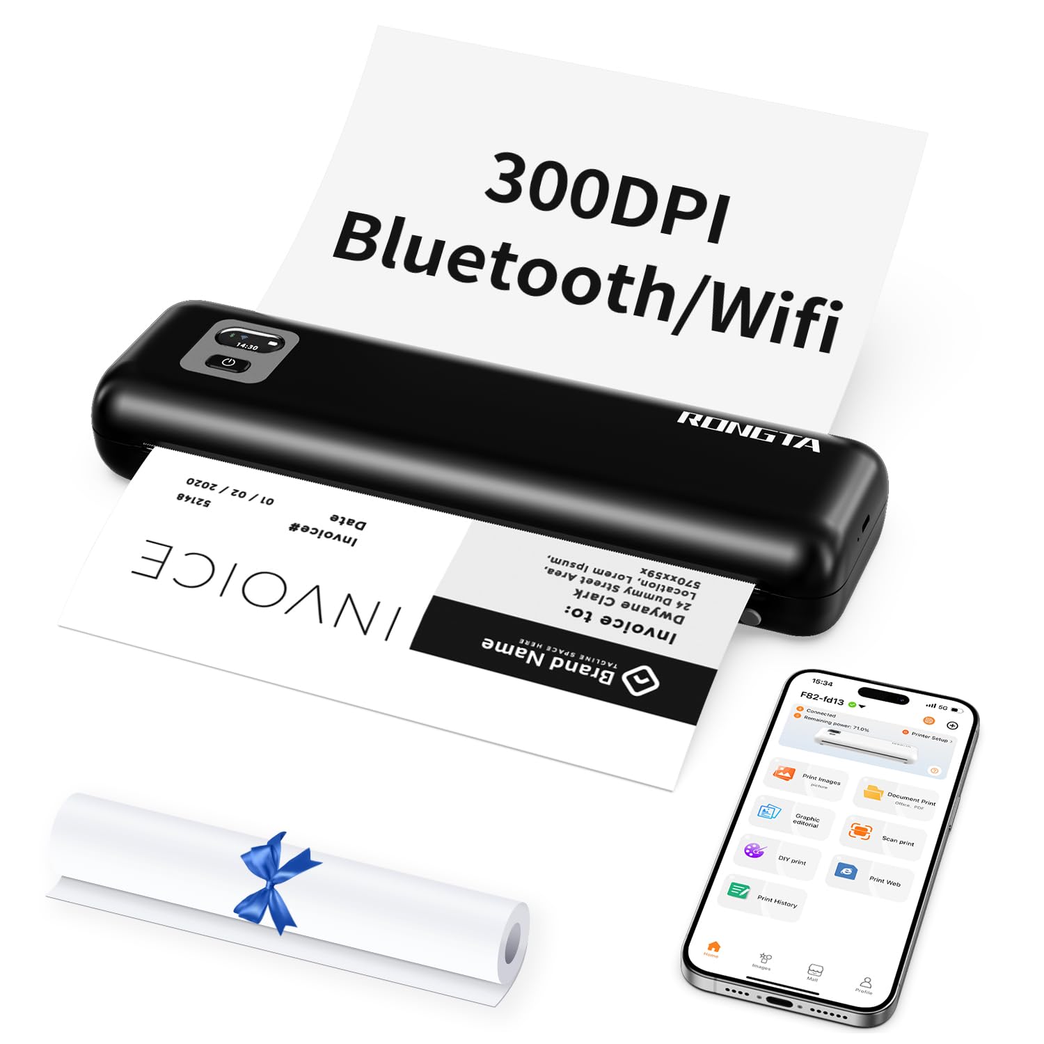 Rongta Portable Printers Wireless for Travel, 300DPI WiFi & Bluetooth Mobile Thermal Inkless Printer for School/Office/Home Use, Compatible with Android,iOS & Laptop,Black (F82)