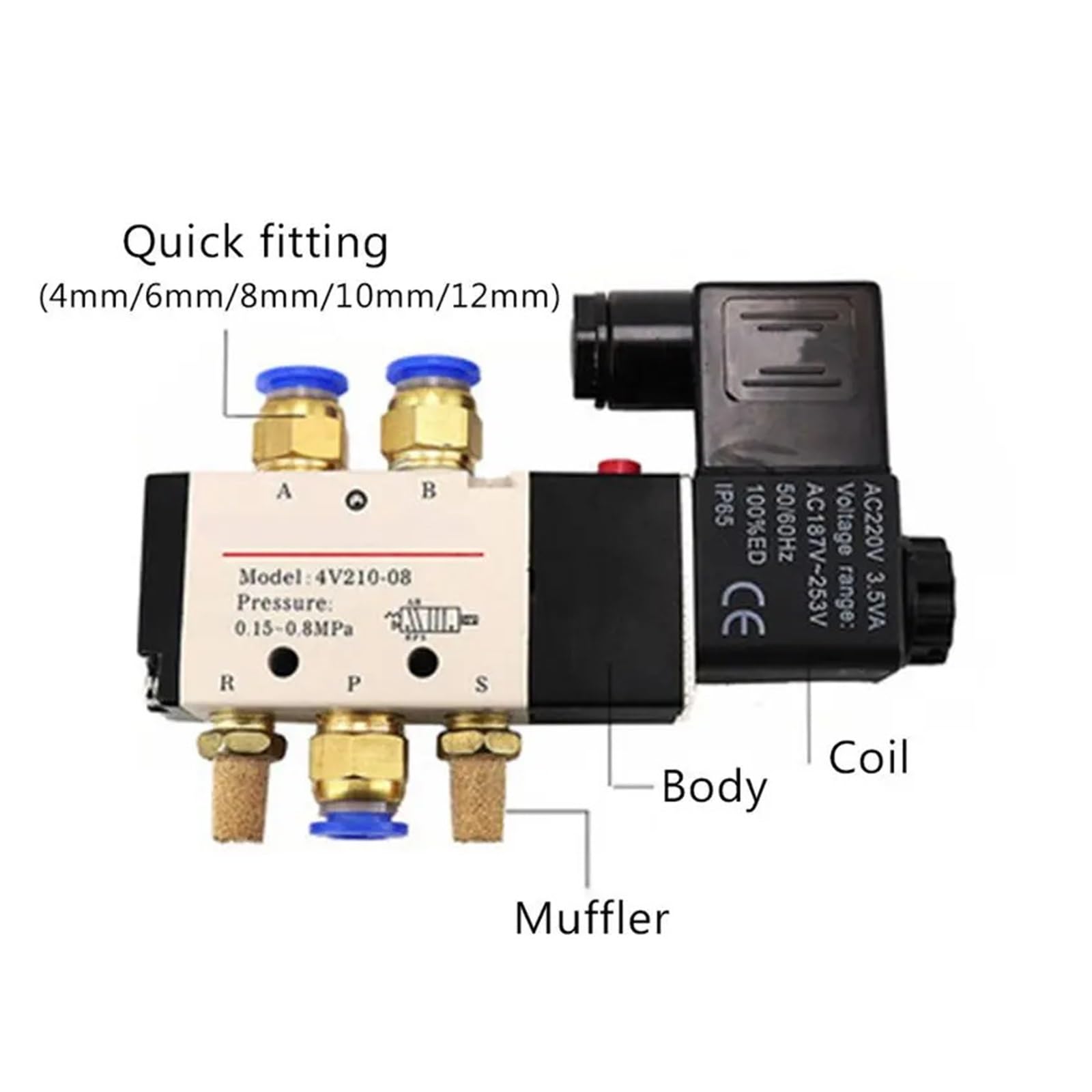 Pneumatisches Magnetventil DC 12 V 24 V 4V110-06 Schalldämpfer 4 mm 6 mm 8 mm 10 mm 12 mm Schnellinstallation AC 110 V 220 V 4 V 110 06 (10 mm Armaturen, AC 110 V)