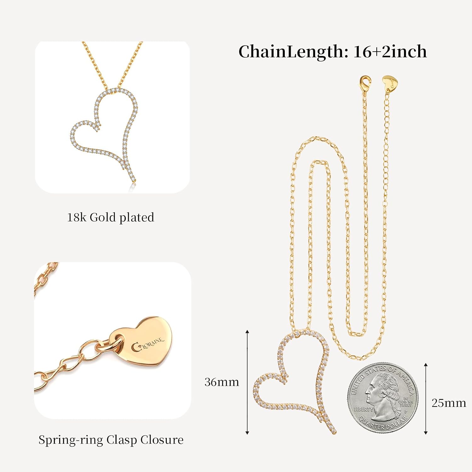 18K Gold/Rhodium Plated Heart Necklace for Women, Hypoallergenic Double Thick Plating, Love Pendant with Message Card, Gift for Girlfriend Wife on Valentine’s Day Birthday Anniversary