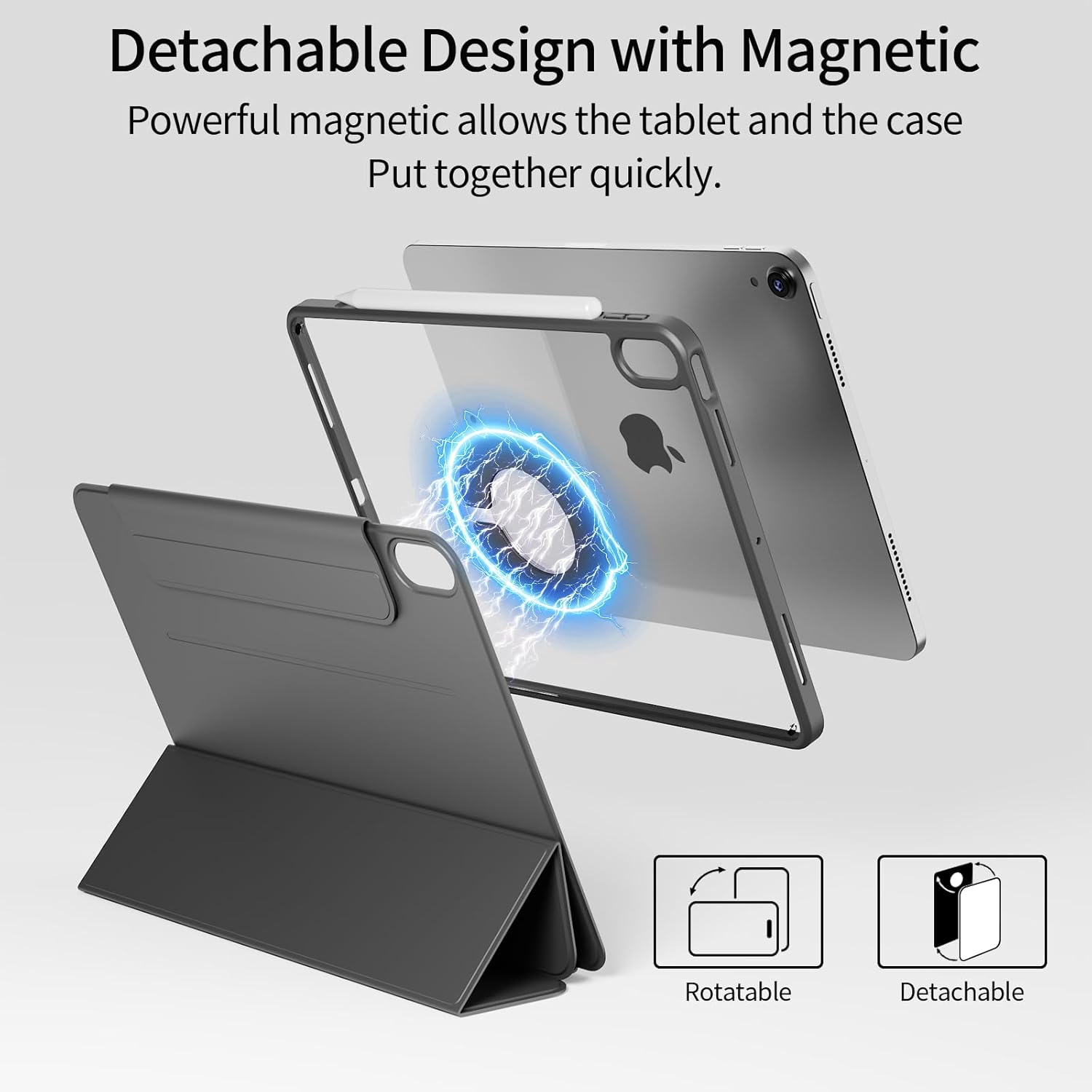 for iPad (A16) 11th Generation 11 Inch 2025/ 10th Generation 10.9 Inch 2022 Hybrid Case with Pencil Holder | Detachable Magnetic Cover | Portrait/Landscape Stand | Clear Hard Back, Black