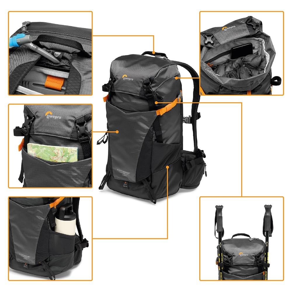Lowepro PhotoSport BP 15L AW III, Zaino Fotografico da Hiking con Accesso Laterale, Inserto per Fotocamera Mirrorless Rimovibile, Sistema di Cinghie per Accessori, Grigio, Compatibile con Sony α6000