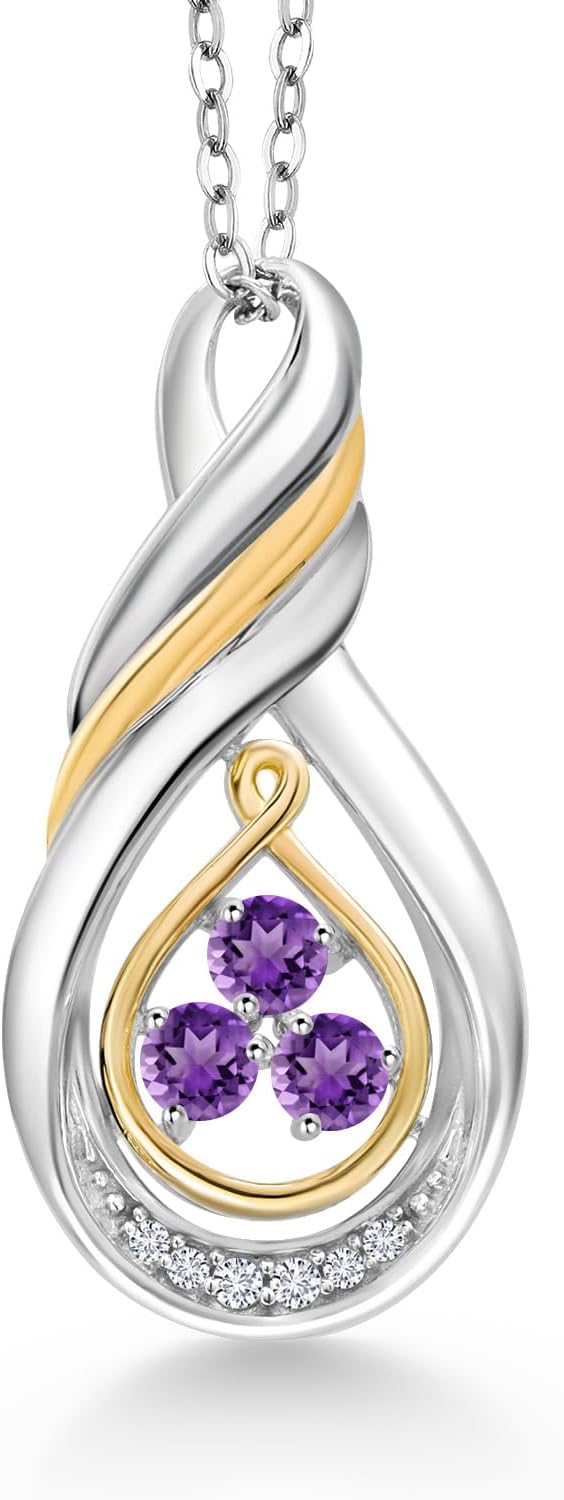 Gem Stone King 3-Stone Infinity Pendant Necklace For Women | 925 Sterling Silver and 10K Yellow Gold | Gemstone Birthstone and White Lab Grown Diamond | With 18 Inch Chain