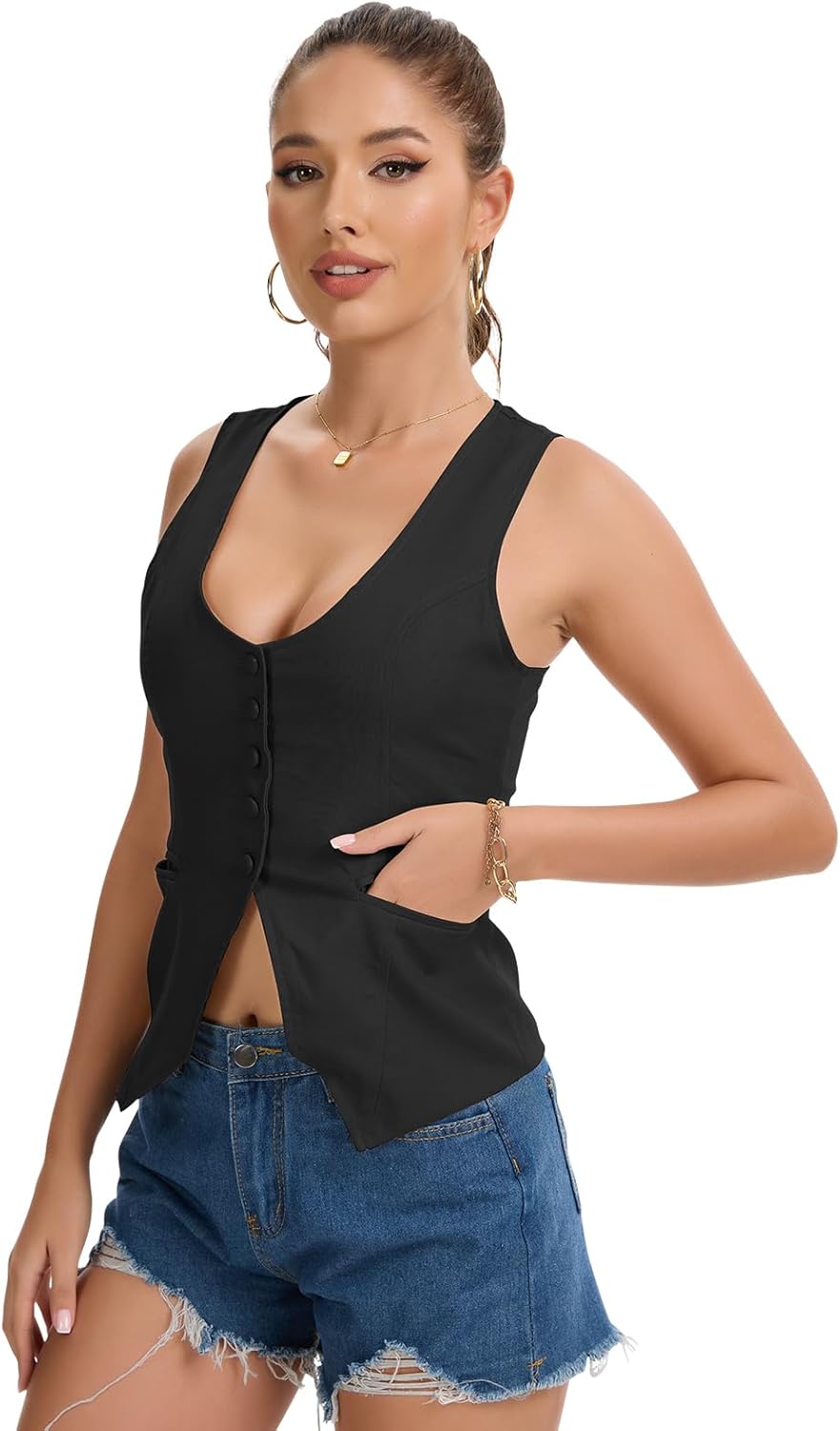 Womens Casual Scoop Neck Vest Summer Sleeveless Fitted Waistcoat Suit Button Down Business Crop Tops - Image 7