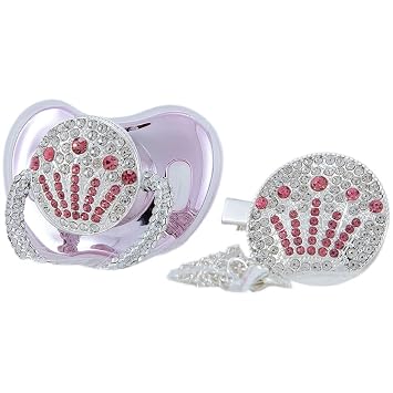 Anniversary All Bling Handle Silver Crown Baby Pacifier and Clip Set/Kit New Born Gift Photography No for Daily Use