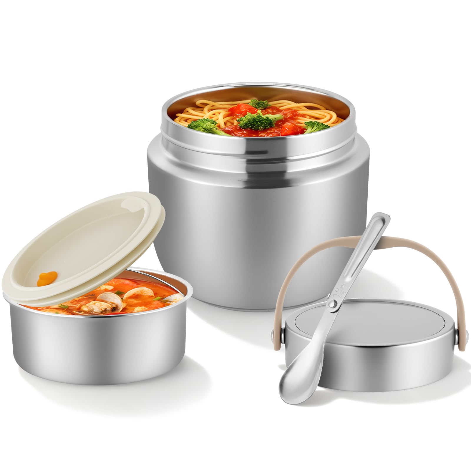 AiQInu Thermos-Lebensmittelbehälter für Erwachsene 1,2 l, Isolierter Edelstahl-Lunchbehälter mit Löffel und Griff, Weitmundig, Vakuumisoliert für Warme Speisen für Kinder und Erwachsene (Silber)