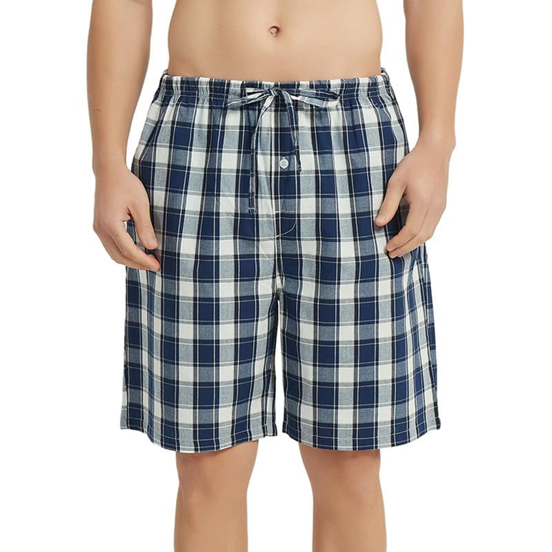 Vulcanodon 2 Pack Men's Cotton Pajama Shorts, Soft Woven Pajama Shorts for Men Plaid Pj Bottoms3