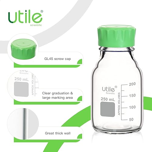 Miniatura 3 de Utile Botella multimedia, 3.3 botellas de almacenamiento de vidrio de borosilicato con tapones de rosca GL45, 4 botellas de medios de laboratorio de