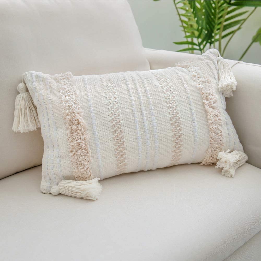 ToGeeKa 2PCS Boho Woven Tufted Lumbar Decorative Throw Pillow Covers, Soft Warm Woven Pillows Cover with Tassels for Couch Sofa Bedroom Office Car, 12 x 20 inch (30 x 50 cm), Cream