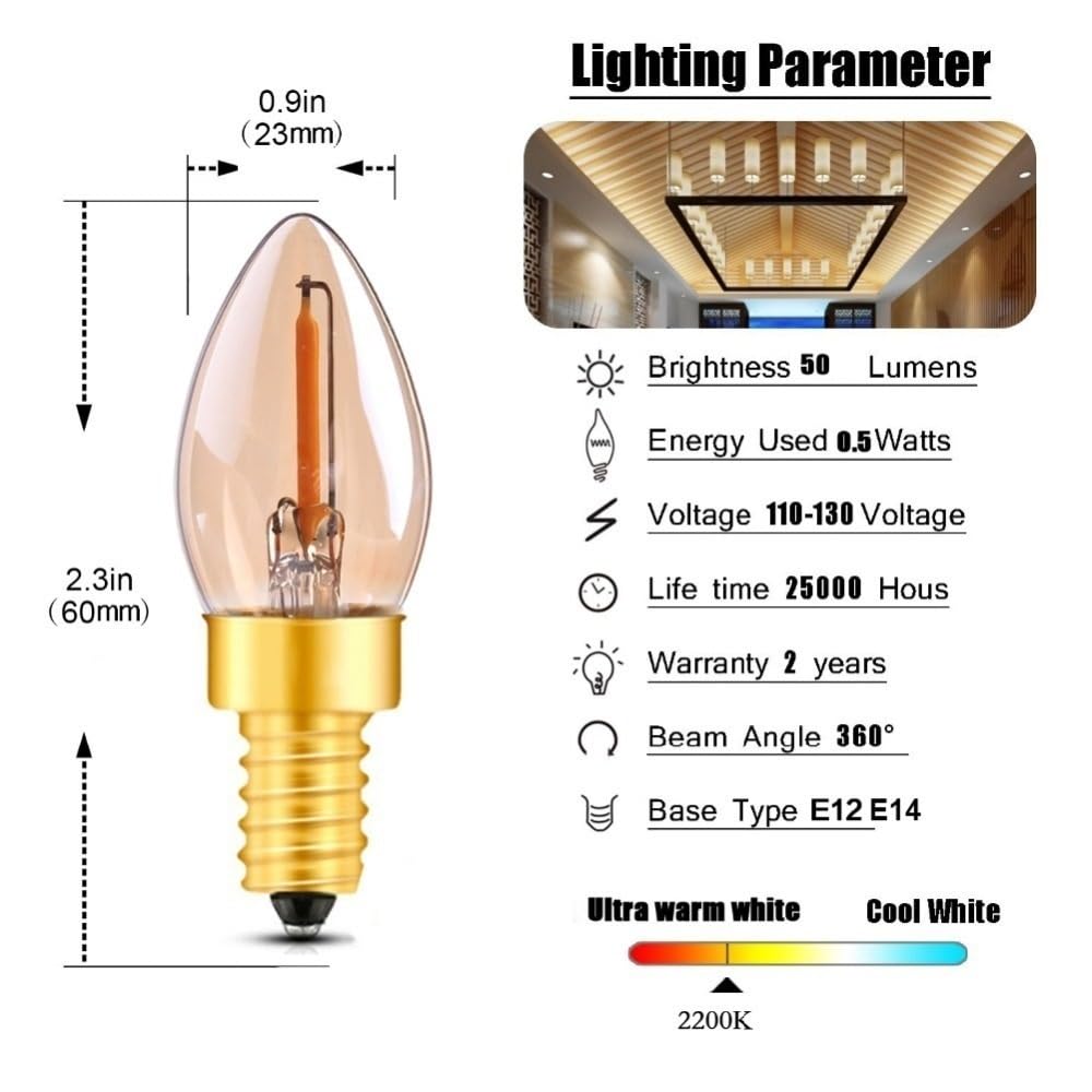 Paquete de 25 bombillas de filamento LED C7 0,5 W E14 AC220V bombilla de luz nocturna Vintage amarillo cálido 2200K lámpara Led regulable