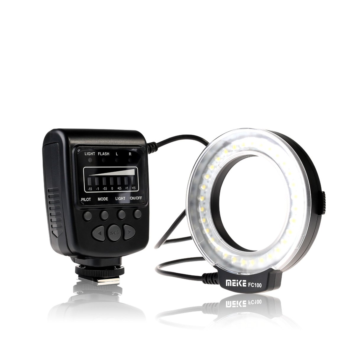 The Meike FC-100 LED ring flash and its control unit, illustrating the different operating modes: Flash Mode, Light Mode, Left & Right Flash, and Manual Adjustment.
