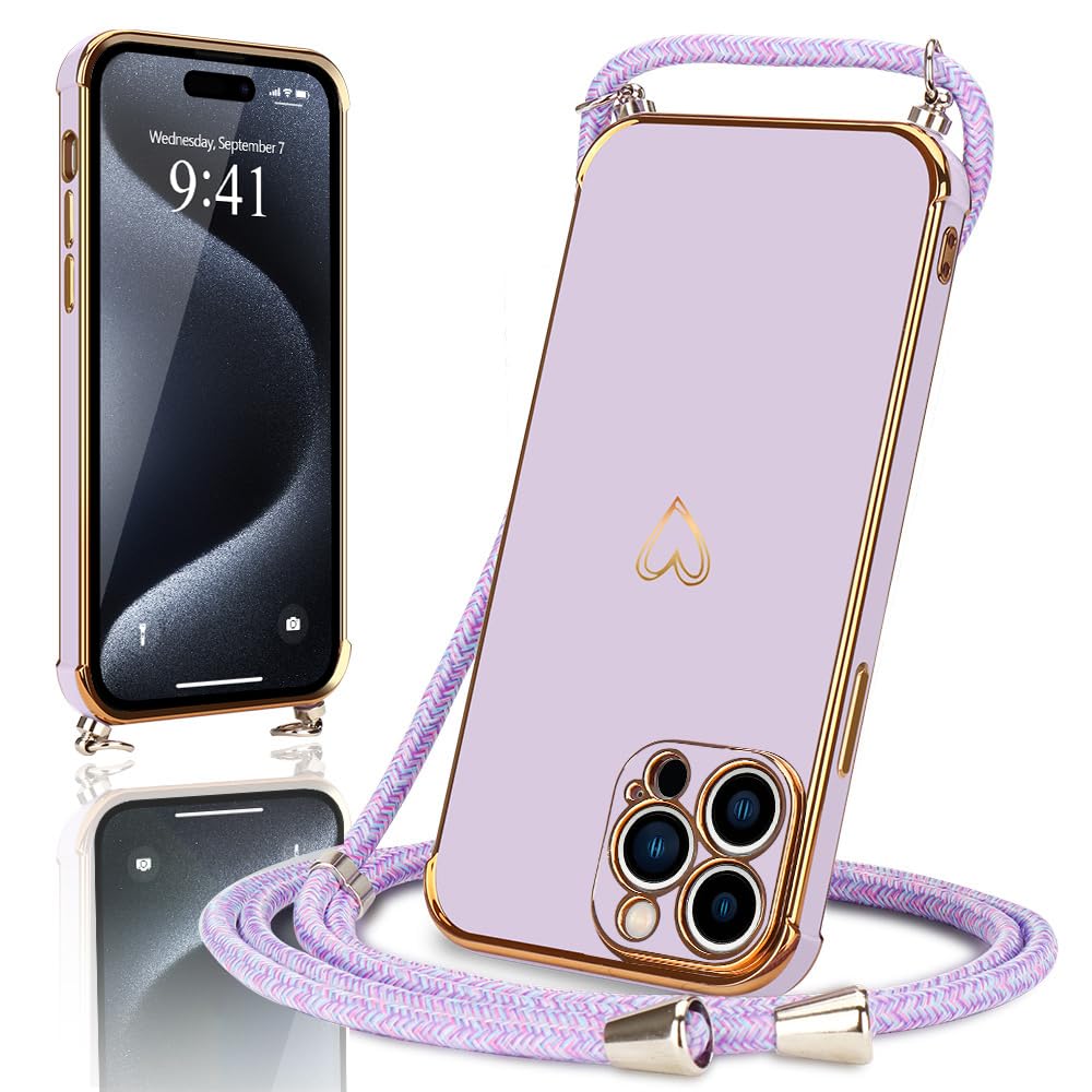 Micoden Handykette kompatibel mit iPhone 15 Pro Max hülle Ultra dünn Kameraschutz Herz Love Design Galvanik Silikon Bumper Case Kordel zum Umhängen Handyhülle mit Band Schutzhülle,Lila