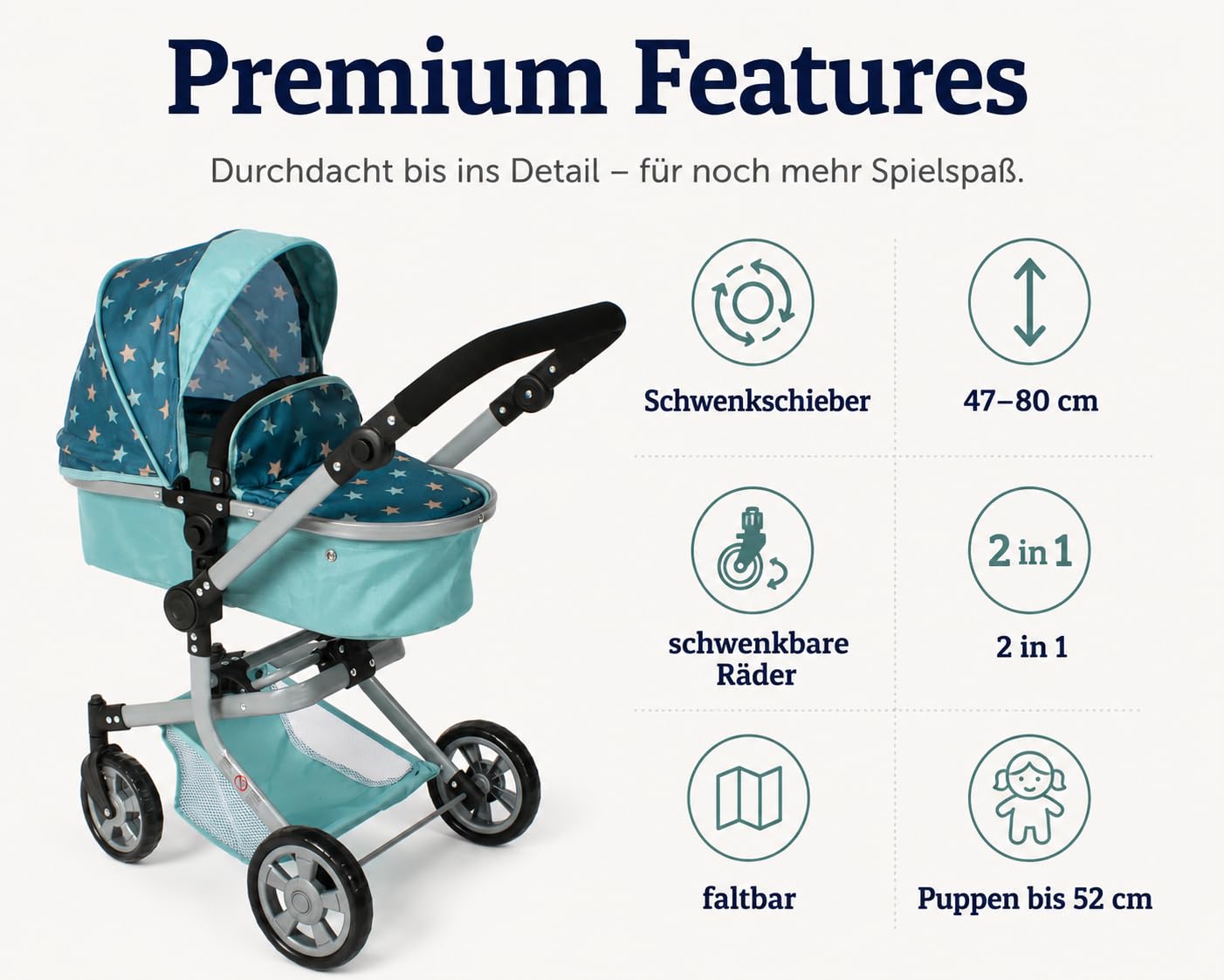 Bayer Chic 2000® 2in1 Puppenwagen Mika – Sternchen türkis – faltbar – höhenverstellbarer Griff 47-80 cm – modernes Gestell – Puppen bis 52 cm – 4-8 J, Flowers | Mit Schwenkschieber, umsetzbarem Aufsatz und schwenkbaren Vorderrädern – für Puppen bis 52 cm